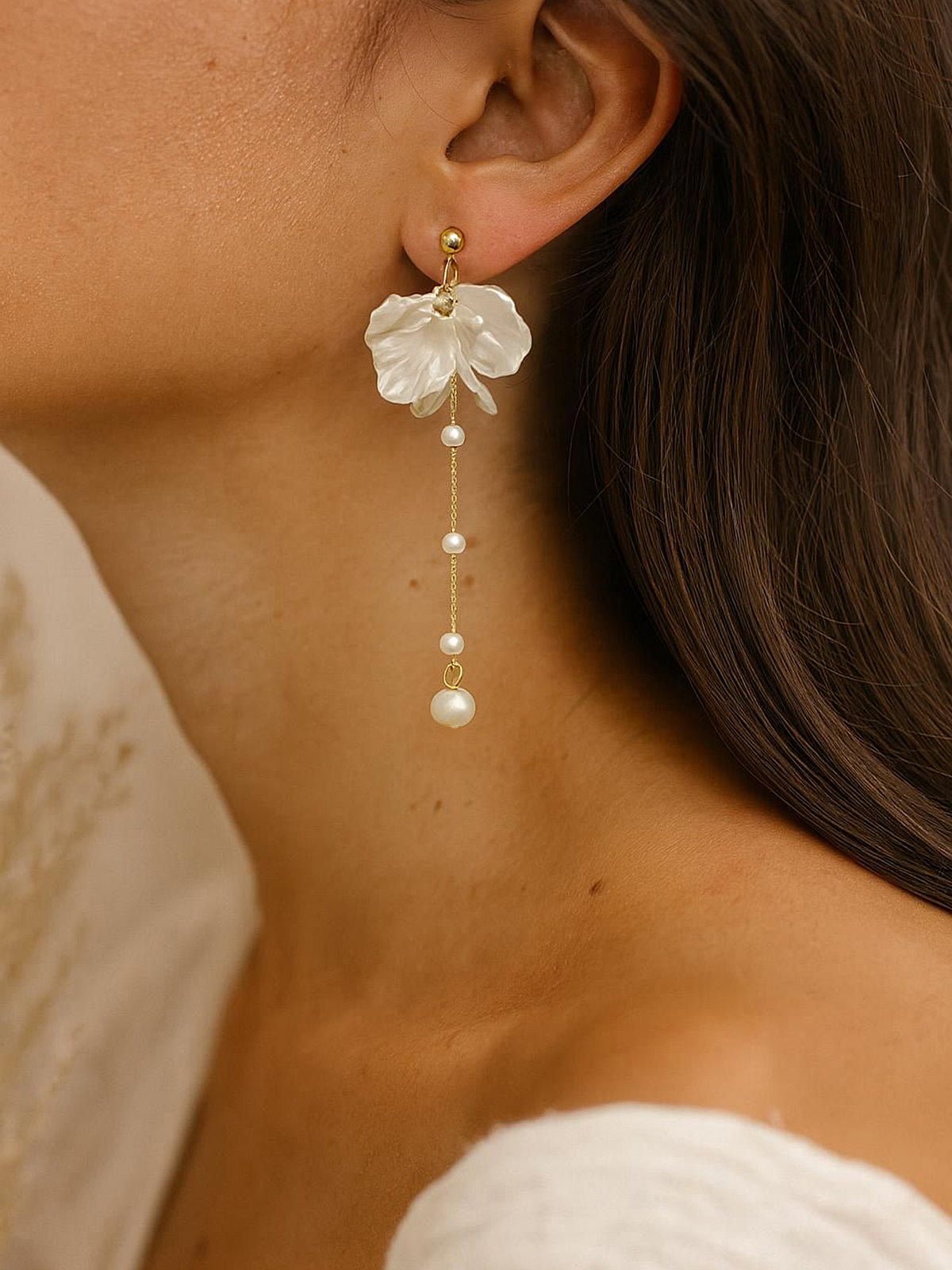 Flower Pearl Long Drop Earrings