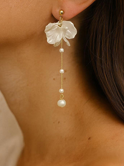 Flower Pearl Long Drop Earrings