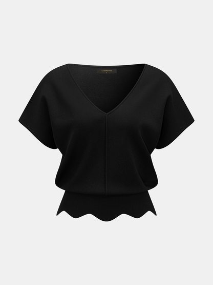 V-Neck Scalloped Hem Knit Top