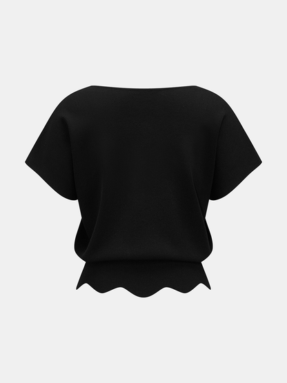 V-Neck Scalloped Hem Knit Top