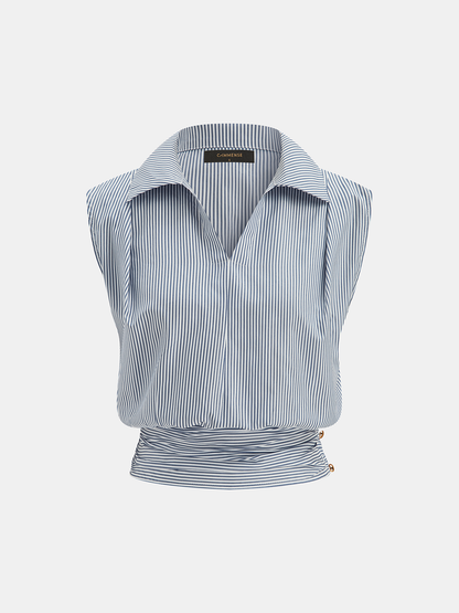 Striped Collared Sleeveless Cinched Blouse