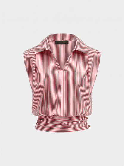 Striped Collared Sleeveless Cinched Blouse