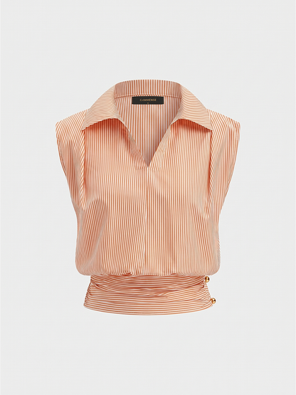 Striped Collared Sleeveless Cinched Blouse