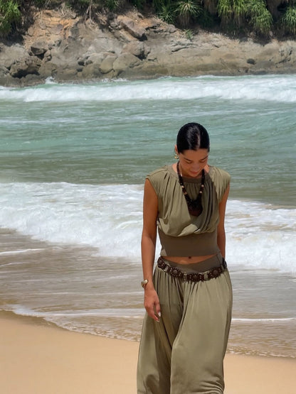 Gathered Waist Top With Flowy Skirt Set