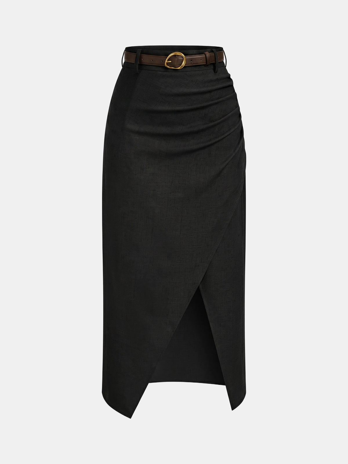 Belted Linen Blend Ruched Wrap Midi Skirt
