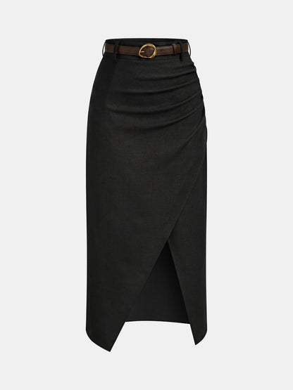 Belted Linen Blend Ruched Wrap Midi Skirt