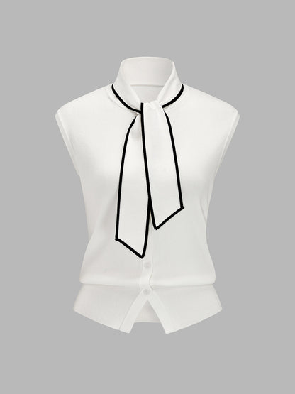 Contrast Trim Tie-Neck Knit Sleeveless Top