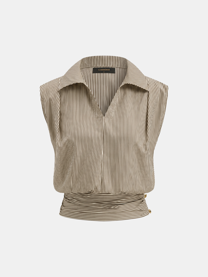 Striped Collared Sleeveless Cinched Blouse