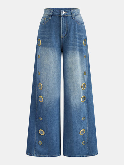 Metal Eyelet Mid Waist Wide Leg Jeans