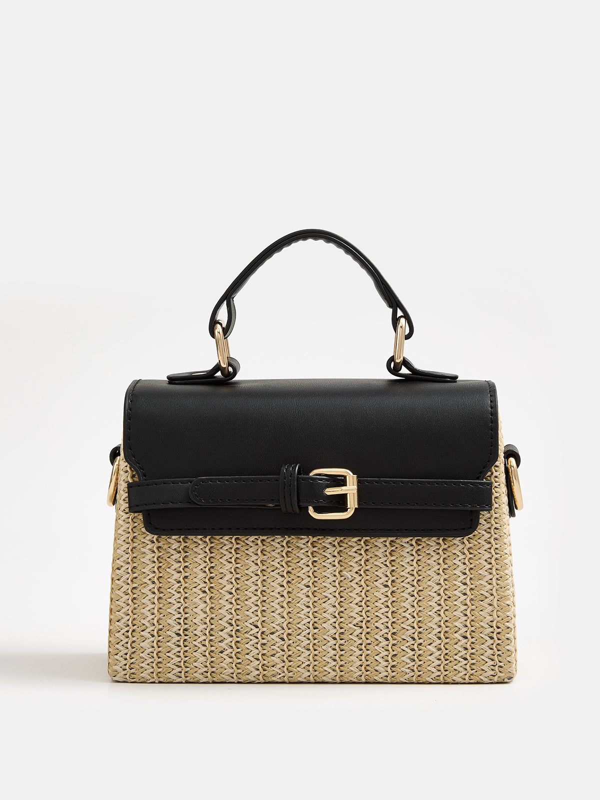 Buckle Detail Top Handle Straw Woven Handbag