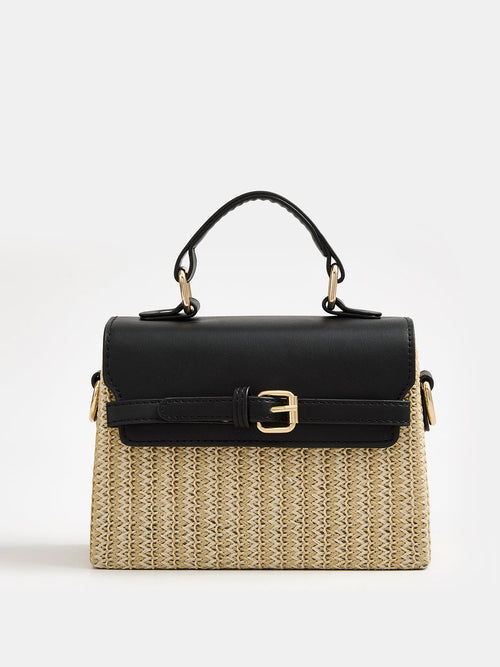 Buckle Detail Top Handle Straw Woven Handbag