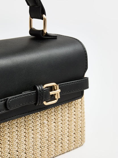 Buckle Detail Top Handle Straw Woven Handbag