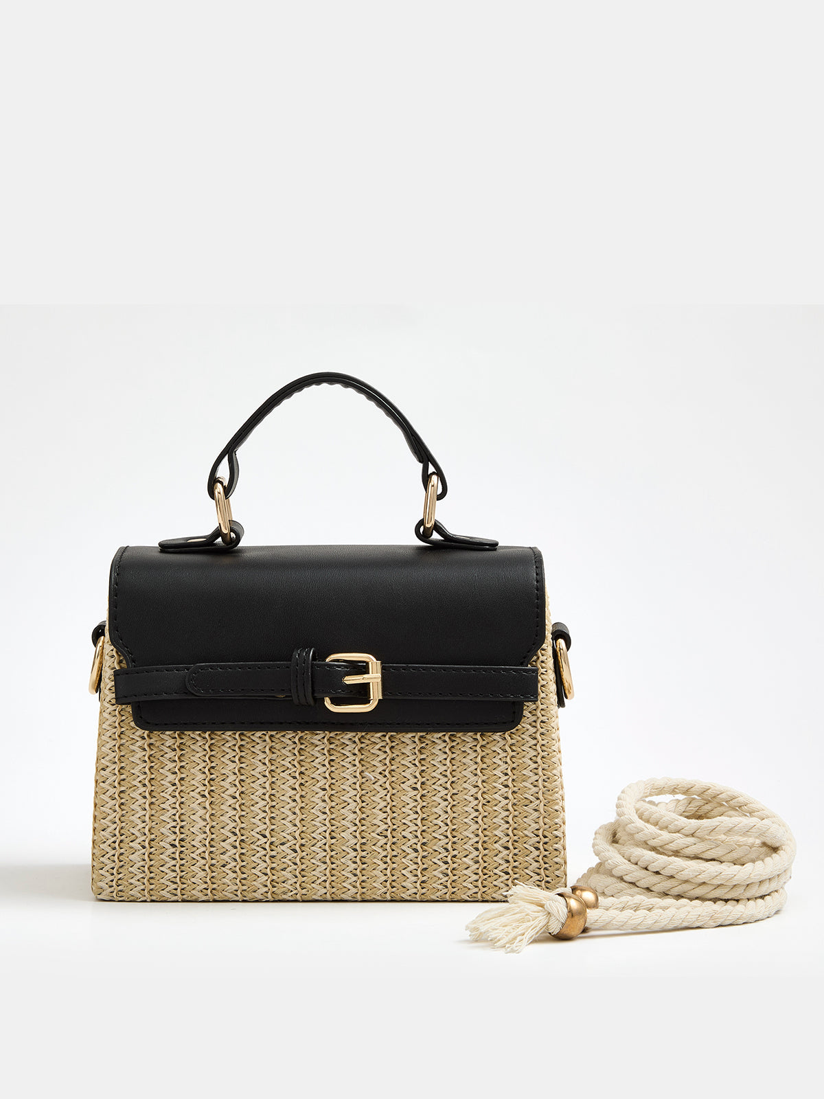 Buckle Detail Top Handle Straw Woven Handbag