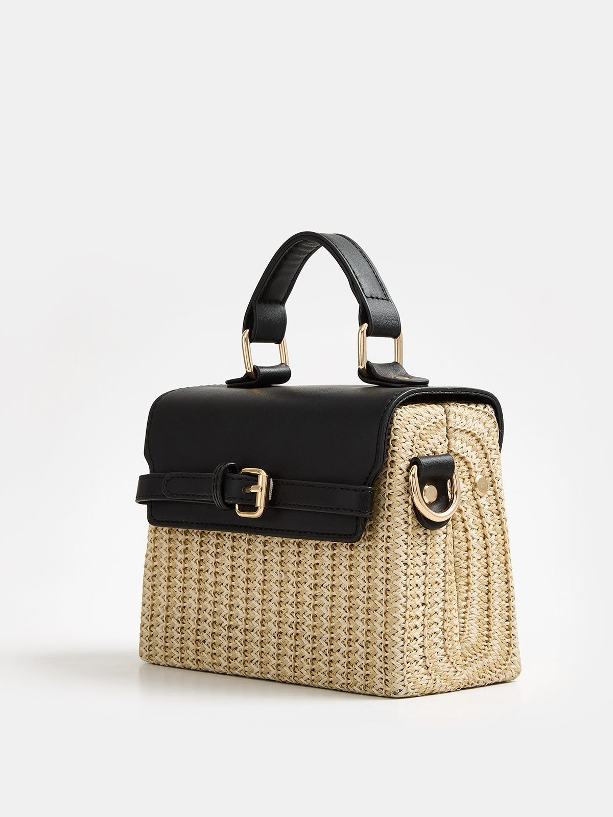 Buckle Detail Top Handle Straw Woven Handbag