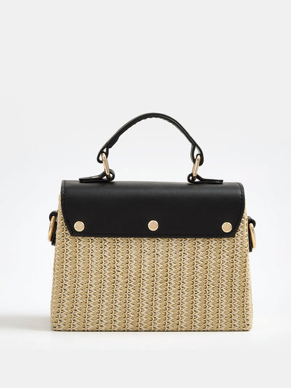 Buckle Detail Top Handle Straw Woven Handbag