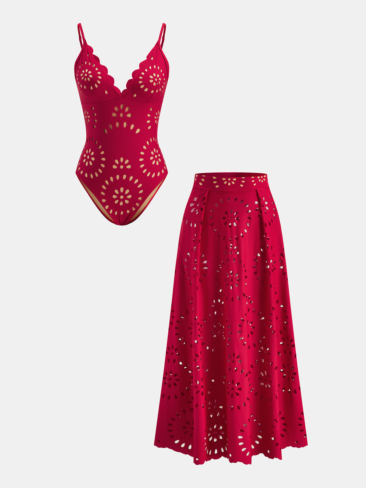 Laser-Cut One-Piece Swimwear & Skirt Set