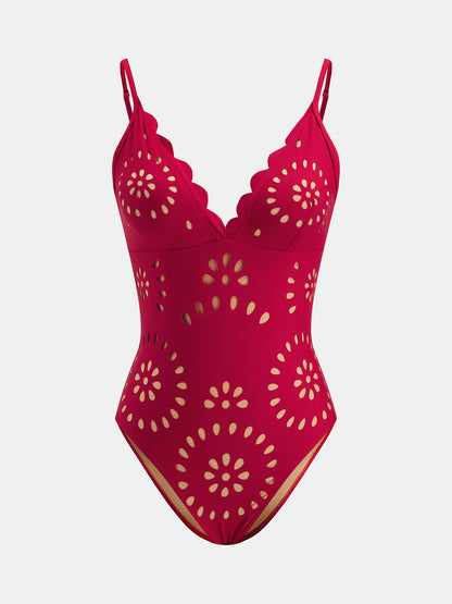 Laser-Cut One-Piece Swimwear & Skirt Set