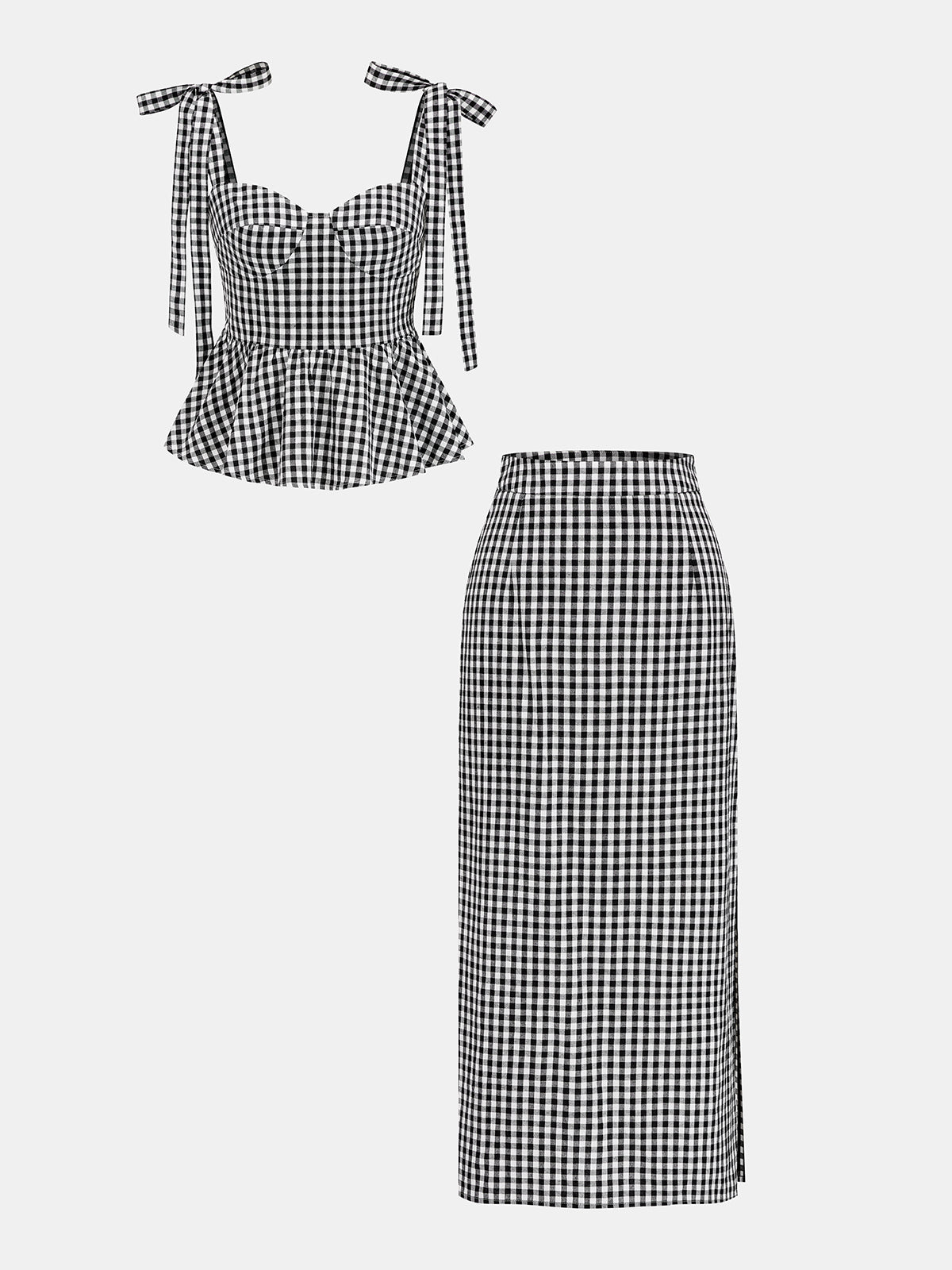 Gingham Bow-Strap Top & Midi Skirt Set