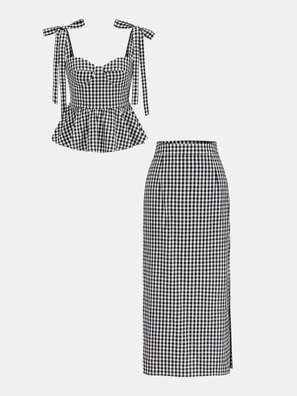 Gingham Bow-Strap Top & Midi Skirt Set