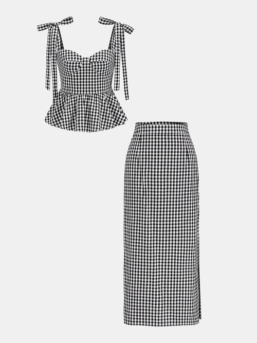 Gingham Bow-Strap Top & Midi Skirt Set