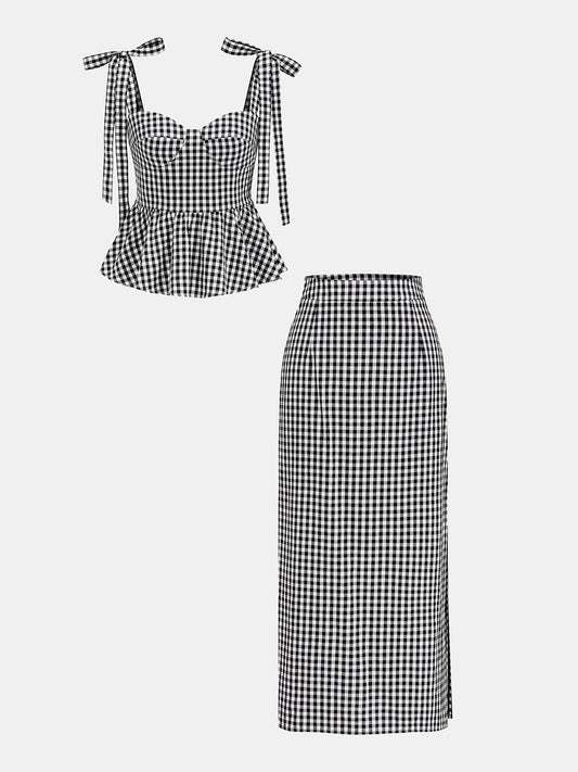Gingham Bow-Strap Top & Midi Skirt Set
