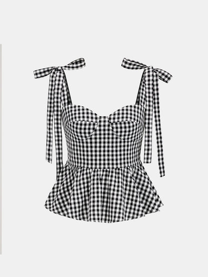 Gingham Bow-Strap Top & Midi Skirt Set