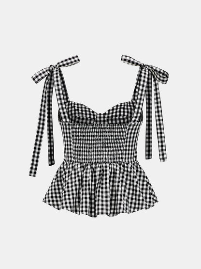 Gingham Bow-Strap Top & Midi Skirt Set