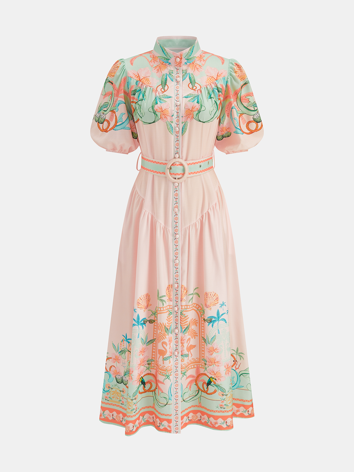Puff Sleeve Belted Floral Shirt Dress