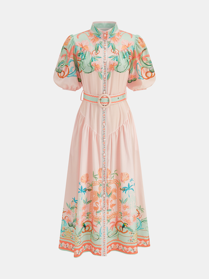 Puff Sleeve Belted Floral Shirt Dress