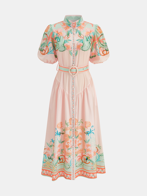 Puff Sleeve Belted Floral Shirt Dress