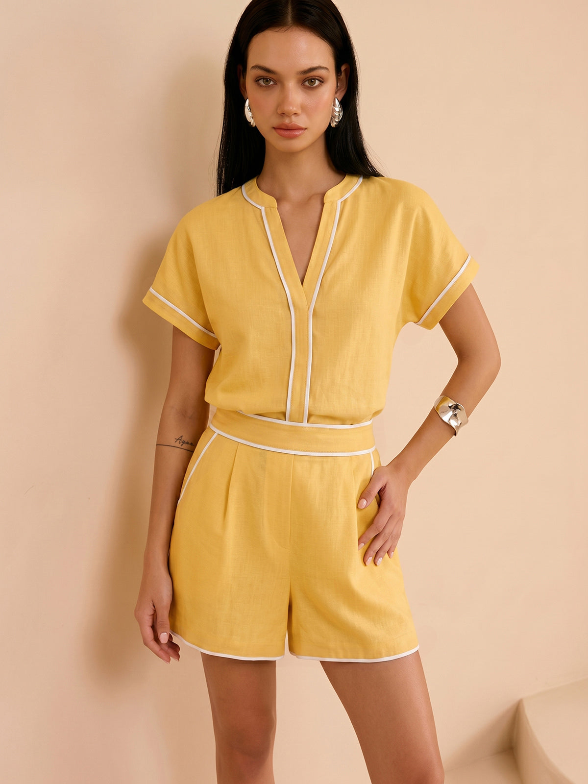 Cotton Linen Contrast Trim Top & Shorts Set