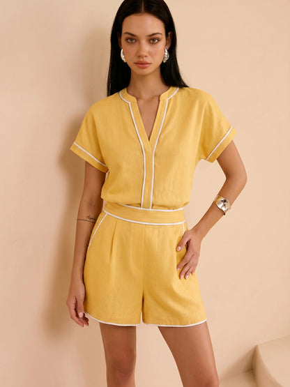 Cotton Linen Contrast Trim Top & Shorts Set