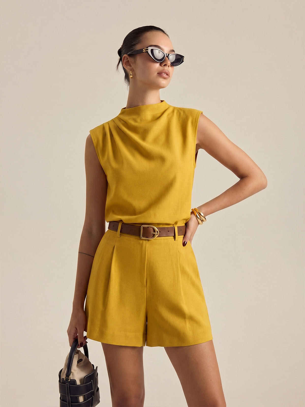 Draped Sleeveless Top & Belted Shorts Set