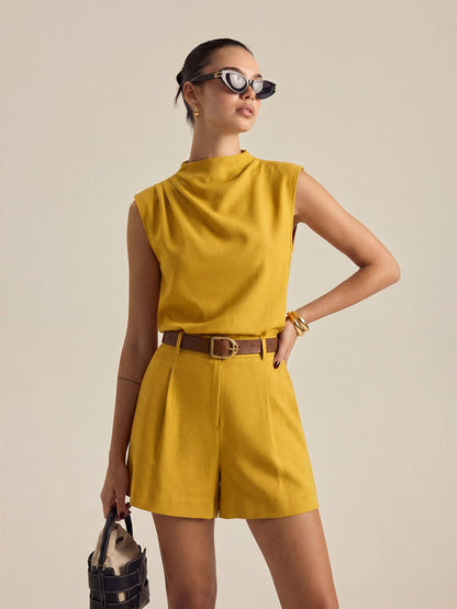 Draped Sleeveless Top & Belted Shorts Set