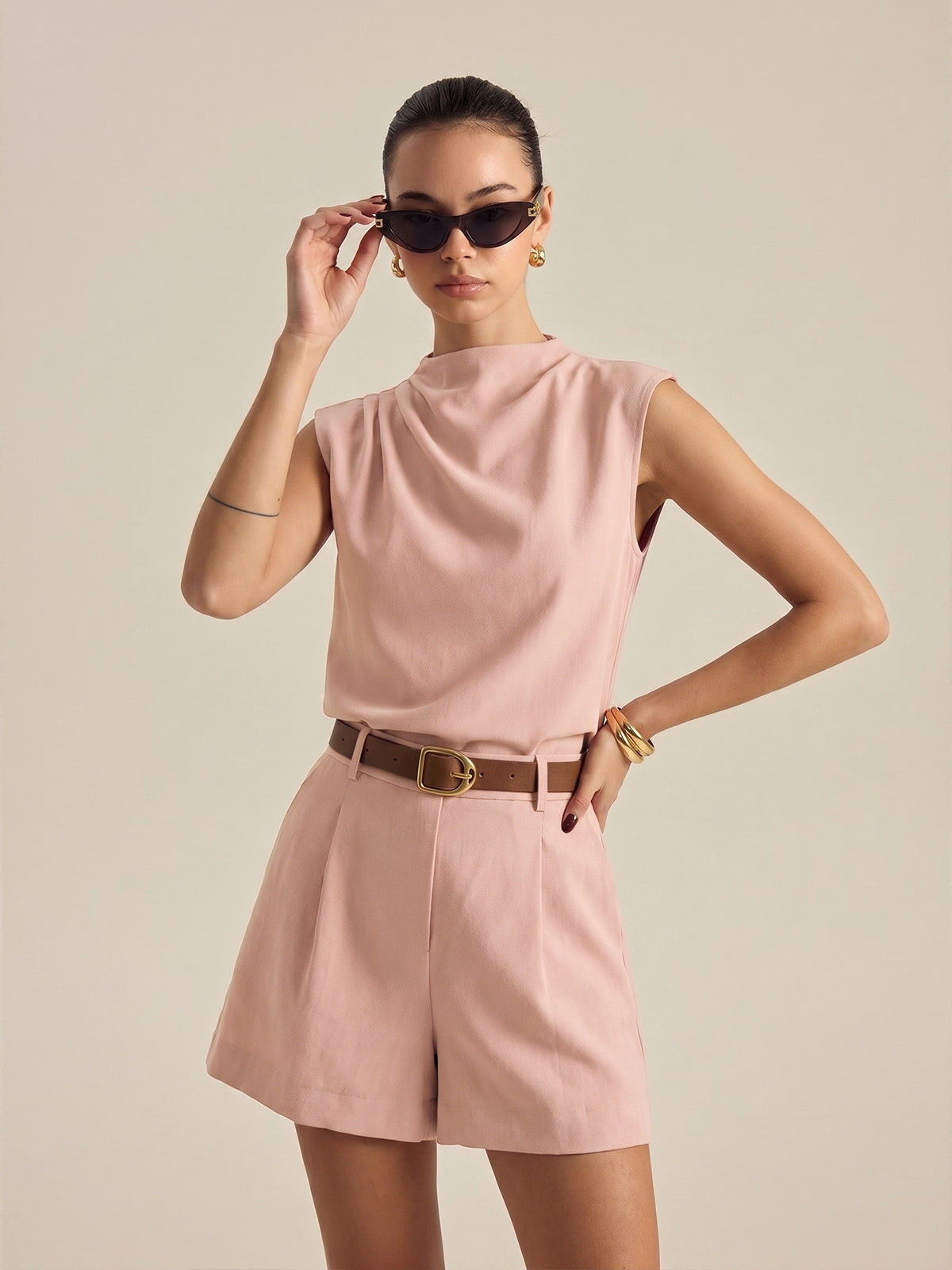 Draped Sleeveless Top & Belted Shorts Set