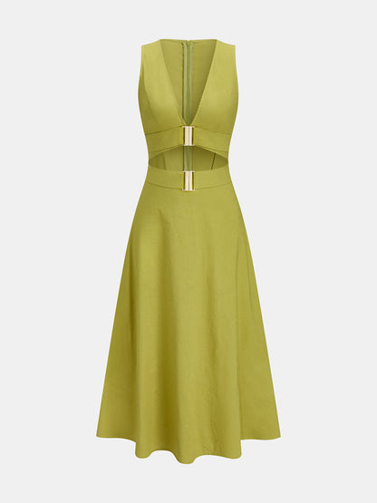 Cutout Sleeveless Cotton Linen Maxi Dress