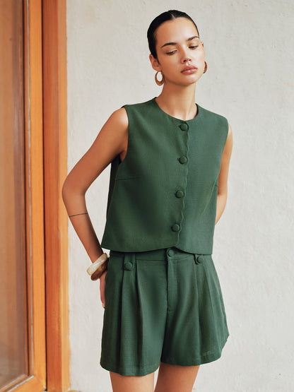 Cotton Linen Vest & Pleated Shorts Set