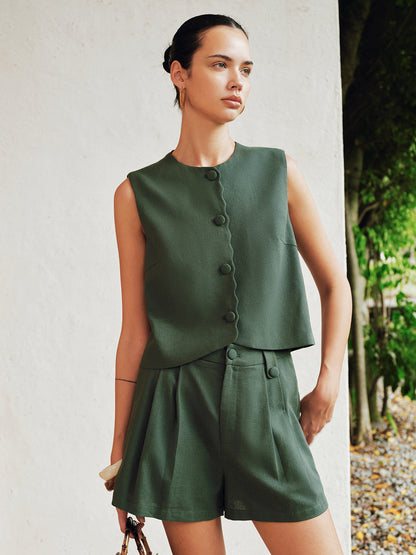Cotton Linen Vest & Pleated Shorts Set