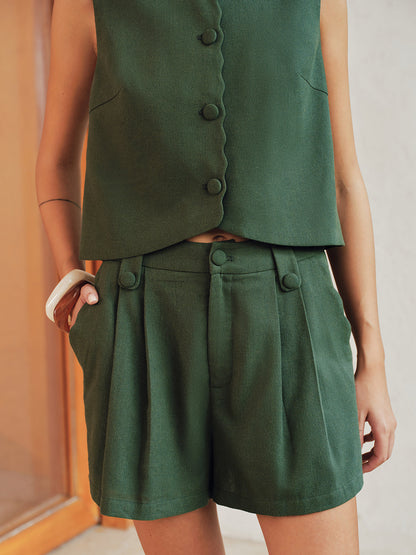 Cotton Linen Vest & Pleated Shorts Set