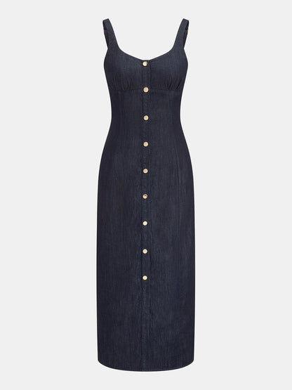 Button Front Denim Midi Dress