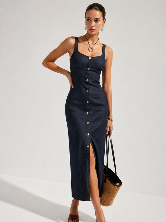 Button Front Denim Midi Dress