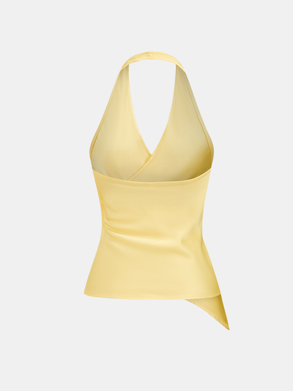 Asymmetric Hem Satin Halter Wrap Top