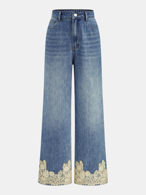 Lace Trim Mid-Waist Denim Pants