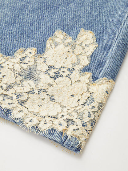 Lace Trim Mid-Waist Denim Pants