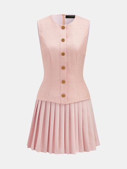 Tweed Sleeveless Pleated Mini Dress