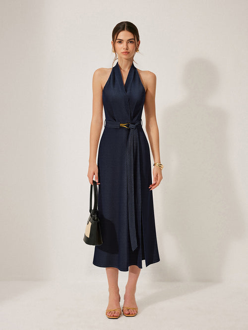 Denim Belted Halter Neck Midi Dress