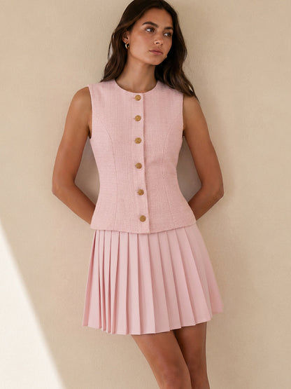 Tweed Sleeveless Pleated Mini Dress