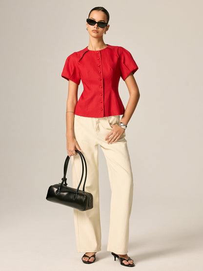 Puff Sleeve Fitted Linen Blend Blouse