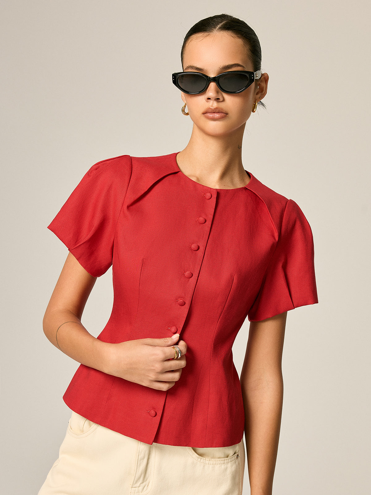 Puff Sleeve Fitted Linen Blend Blouse