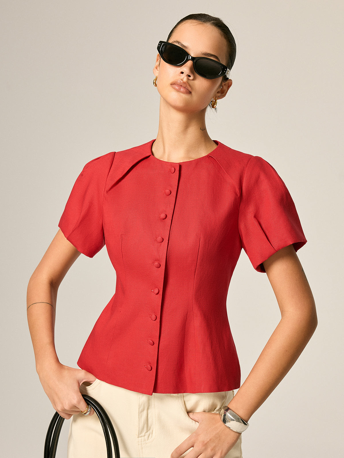 Puff Sleeve Fitted Linen Blend Blouse